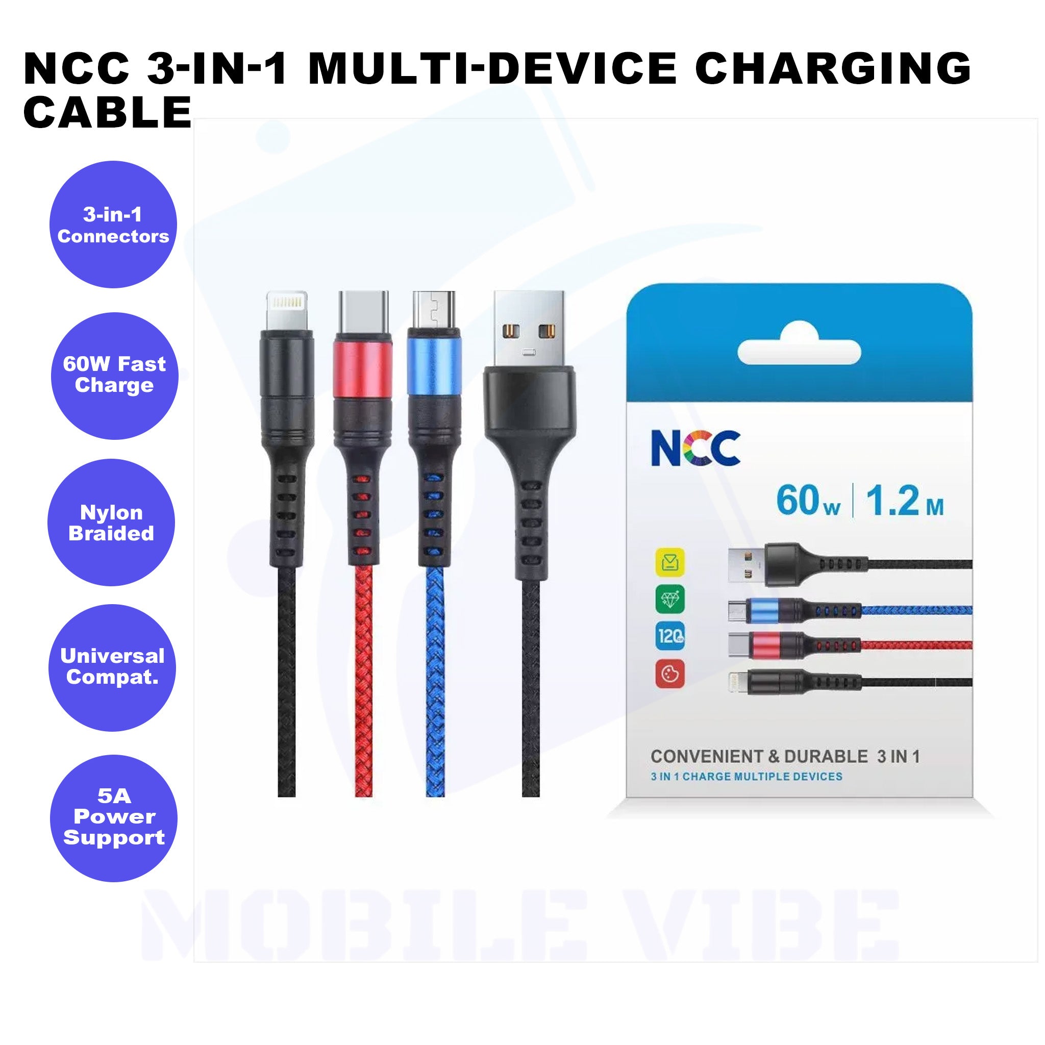 NCC 3-in-1 Multi-Device Charging Cable Features
