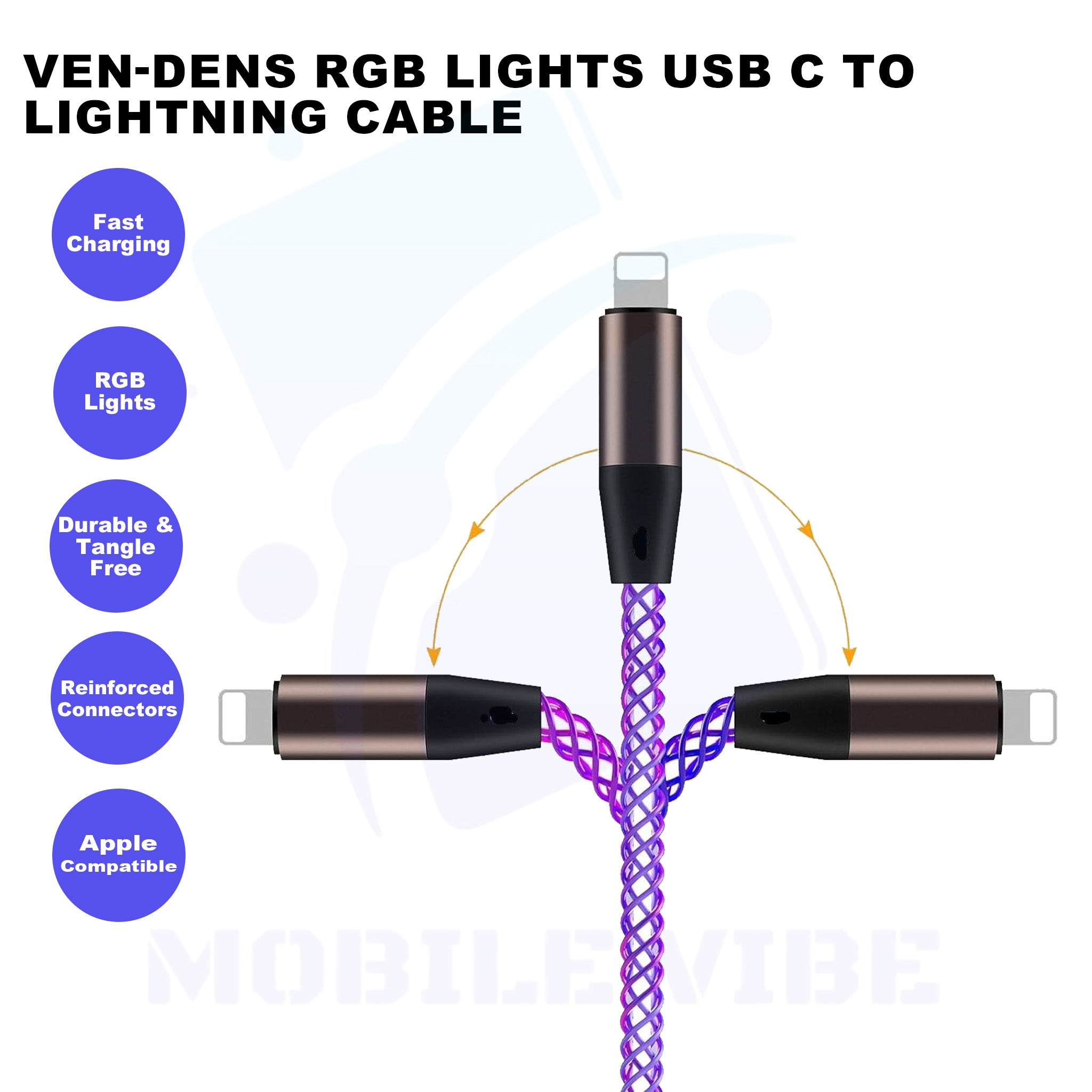 VEN-DENS RGB Lights USB-C to Lightning Cable Features