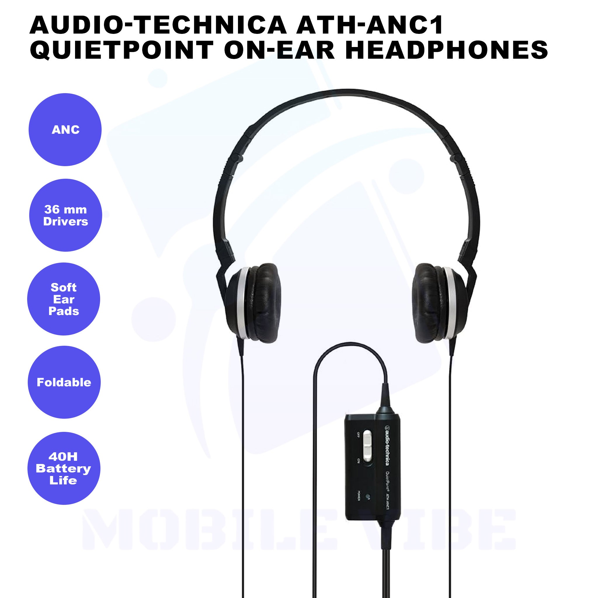 Audio-Technica ATH-ANC1 QuietPoint Active Noise-Cancelling On-Ear Headphones Features