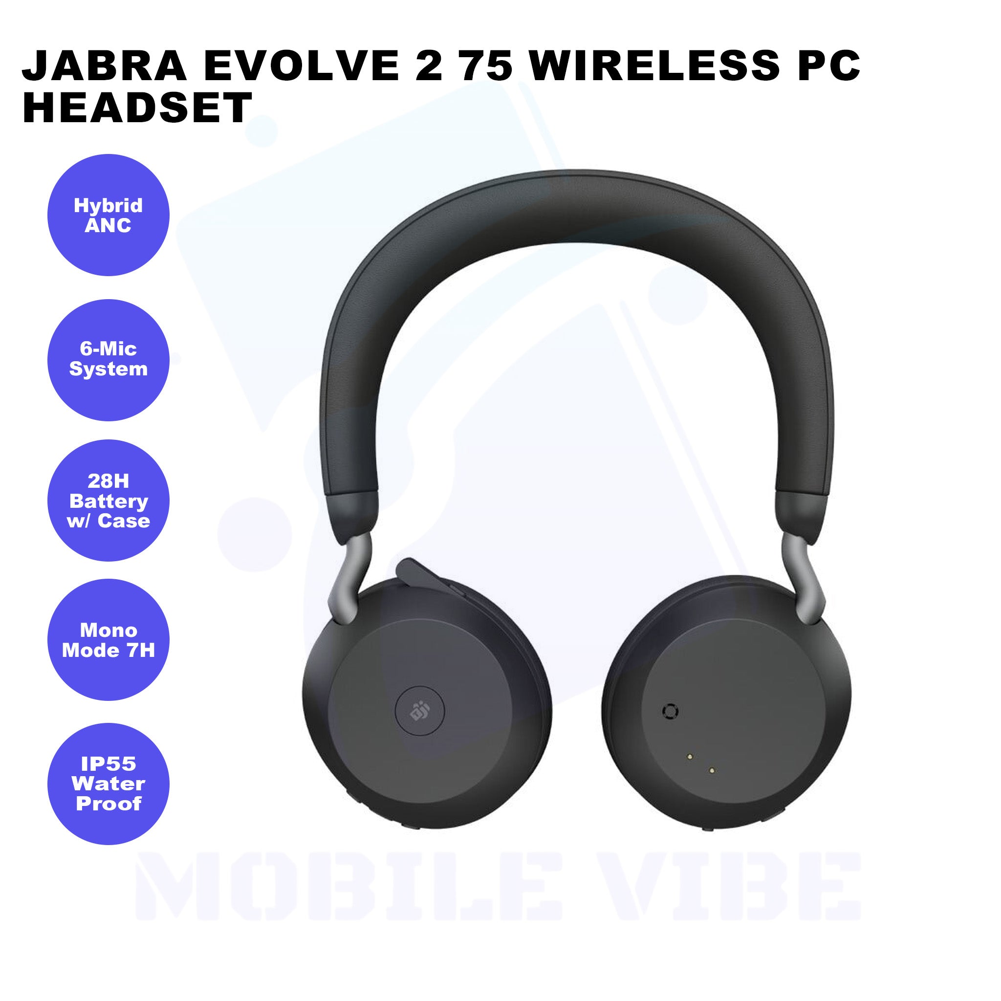 Jabra Evolve 2 75 Wireless PC Headset With Advanced Active Noise Cancellation Features