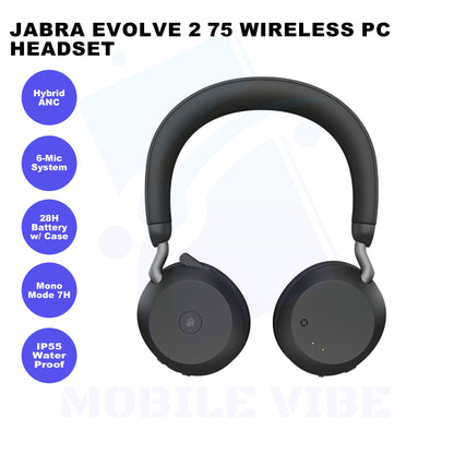 Jabra Evolve 2 75 Wireless PC Headset With Advanced Active Noise Cancellation Features