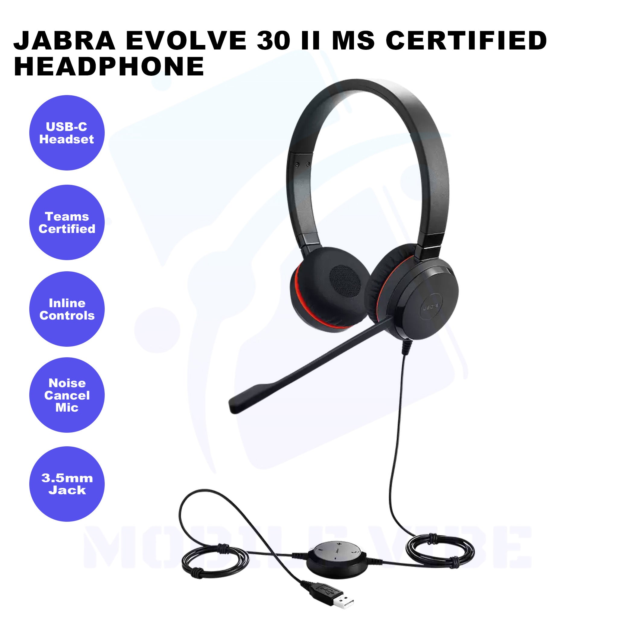 Jabra Evolve 30 II MS Certified USB-C Stereo Corded Headset Features