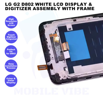 LG G2 D802 White LCD Display & Digitizer Assembly with Frame Features