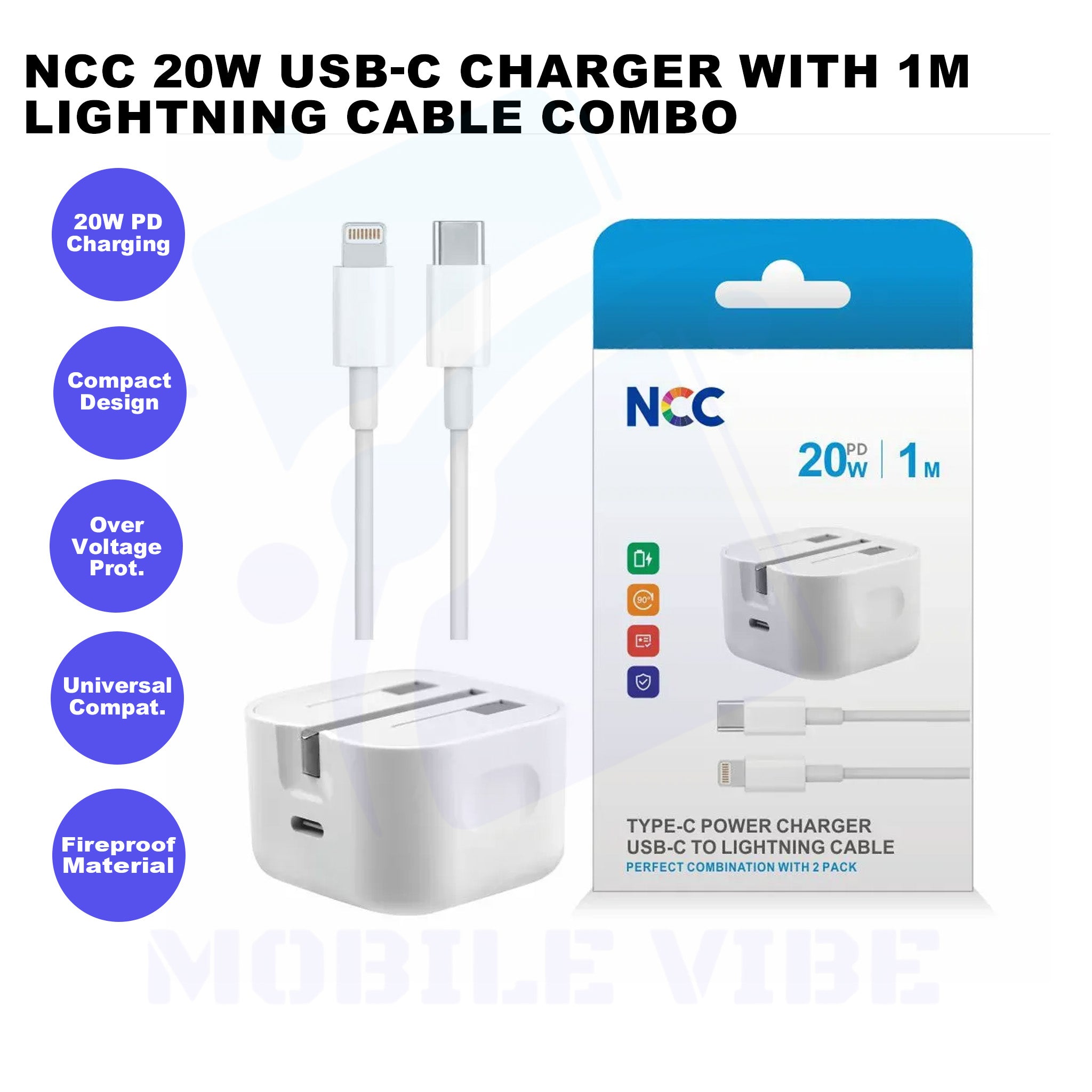 NCC 20W USB-C Charger with 1m Lightning Cable Combo Features
