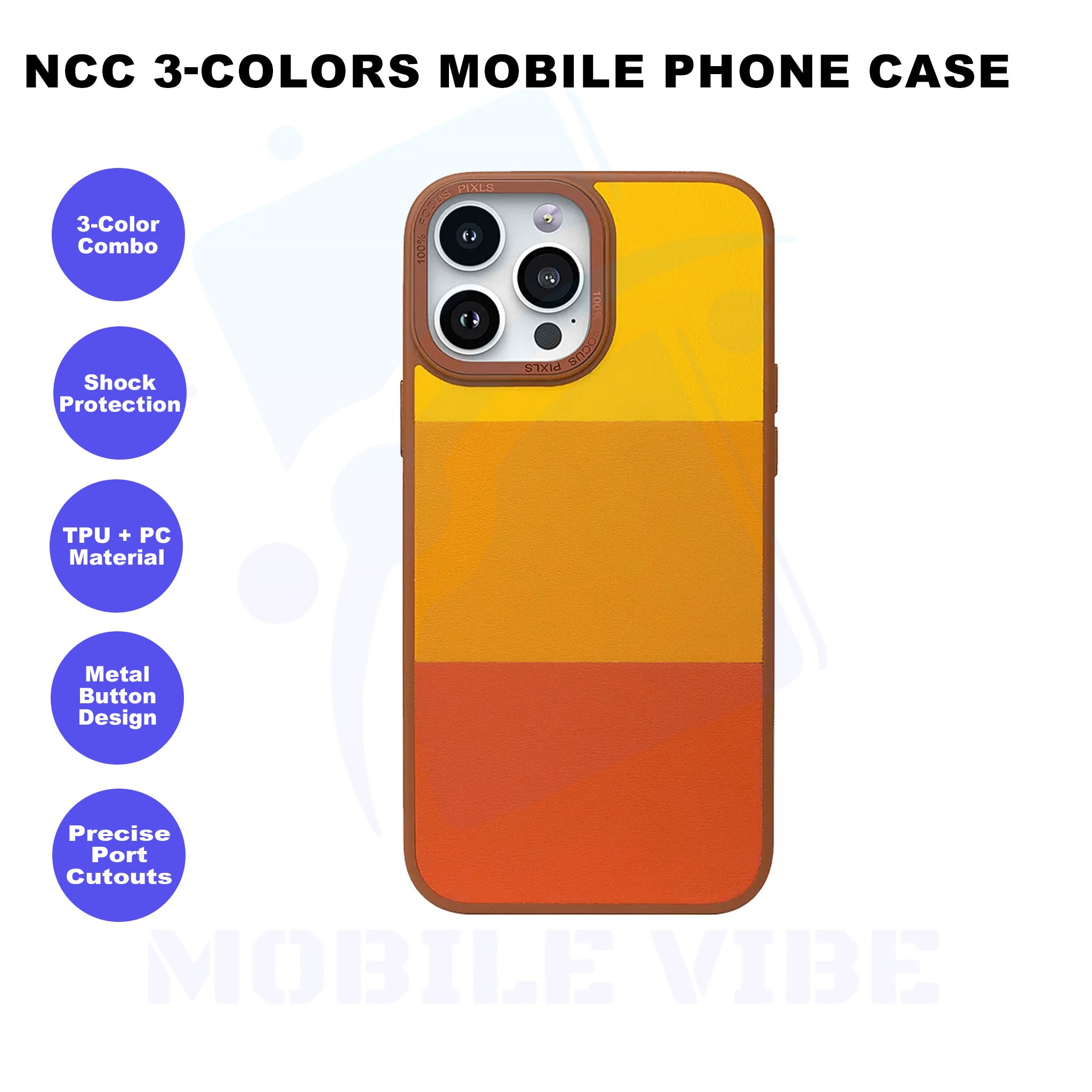 NCC 3-Colors Mobile Phone Case - TPU+PC with Metal Buttons for iPhone Features