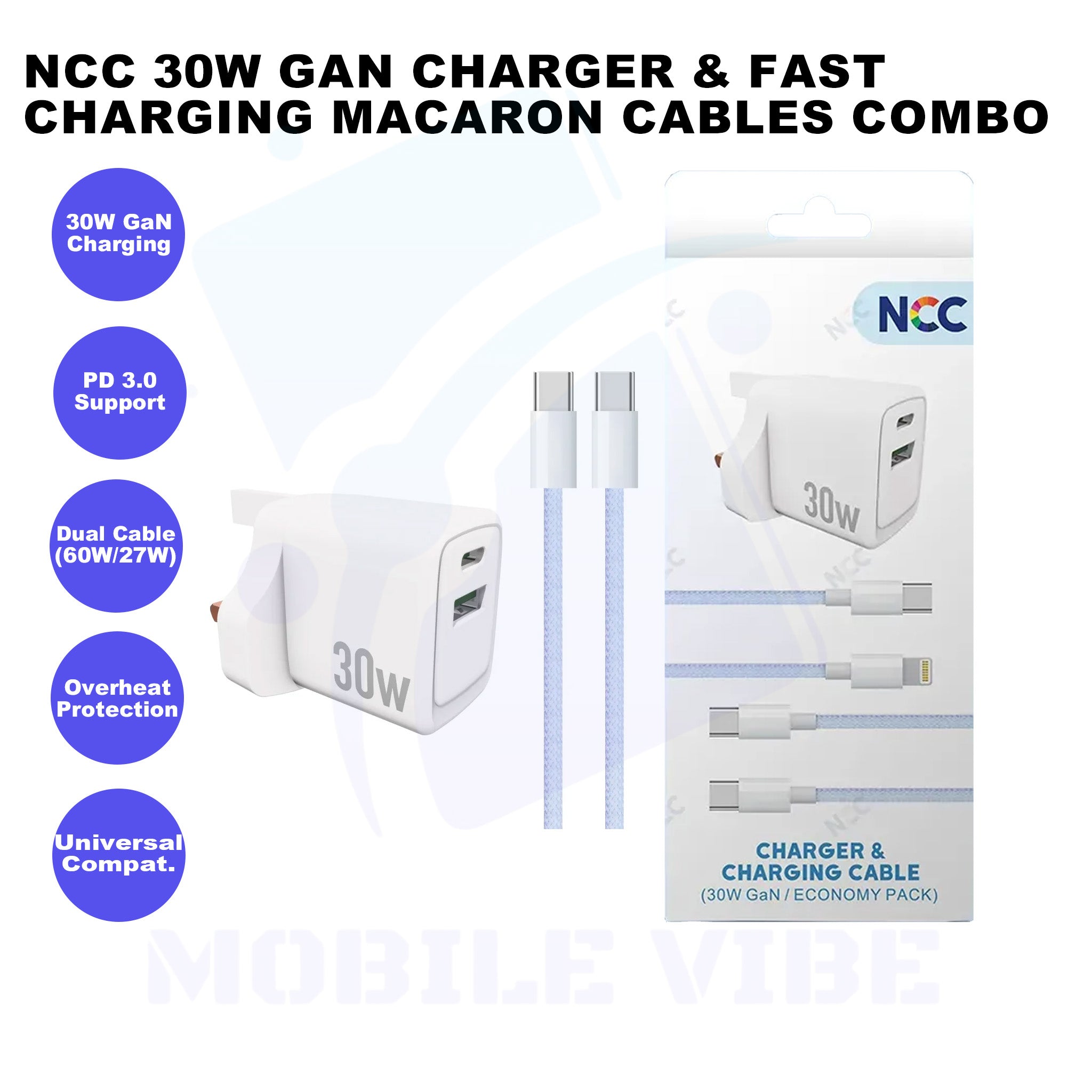 NCC 30W GaN Charger & Fast-Charging Macaron Cables Combo Features