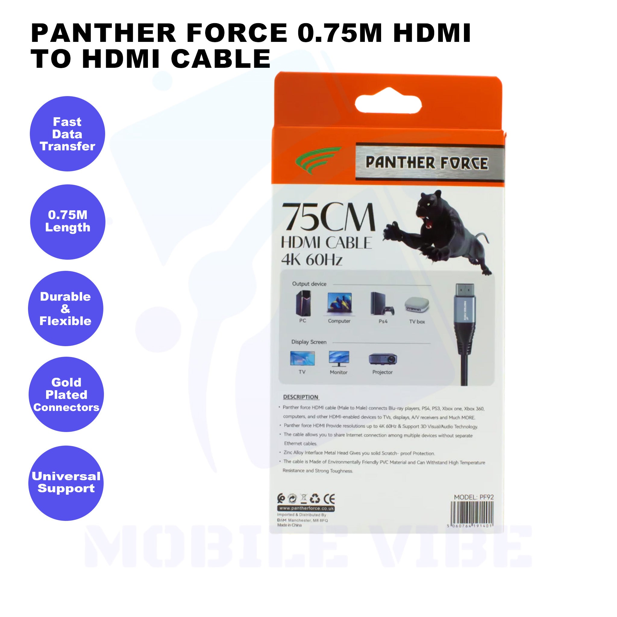 Panther Force 0.75m HDMI to HDMI Cable Features