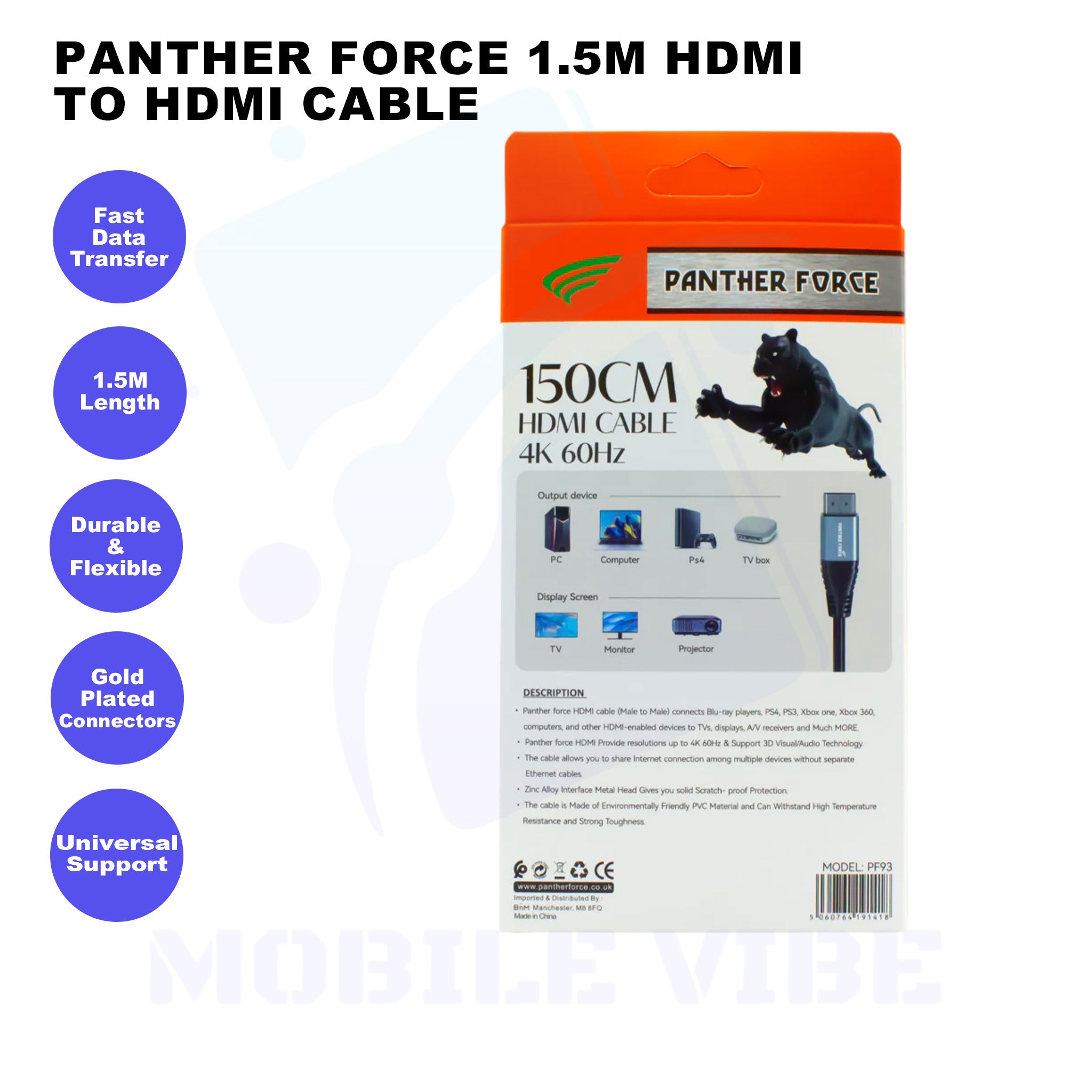 Panther Force 1.5m HDMI to HDMI Cable Features