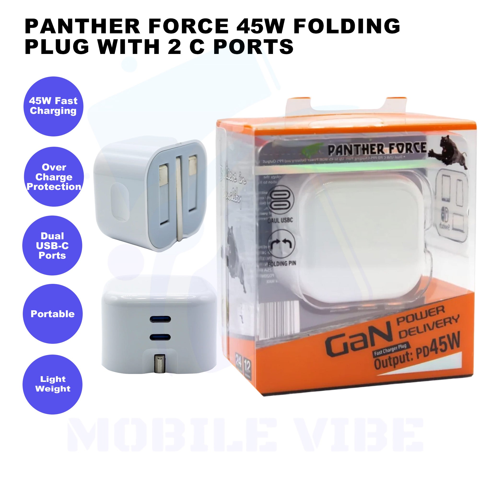 Panther Force 45W Folding Plug with 2 C Ports Features