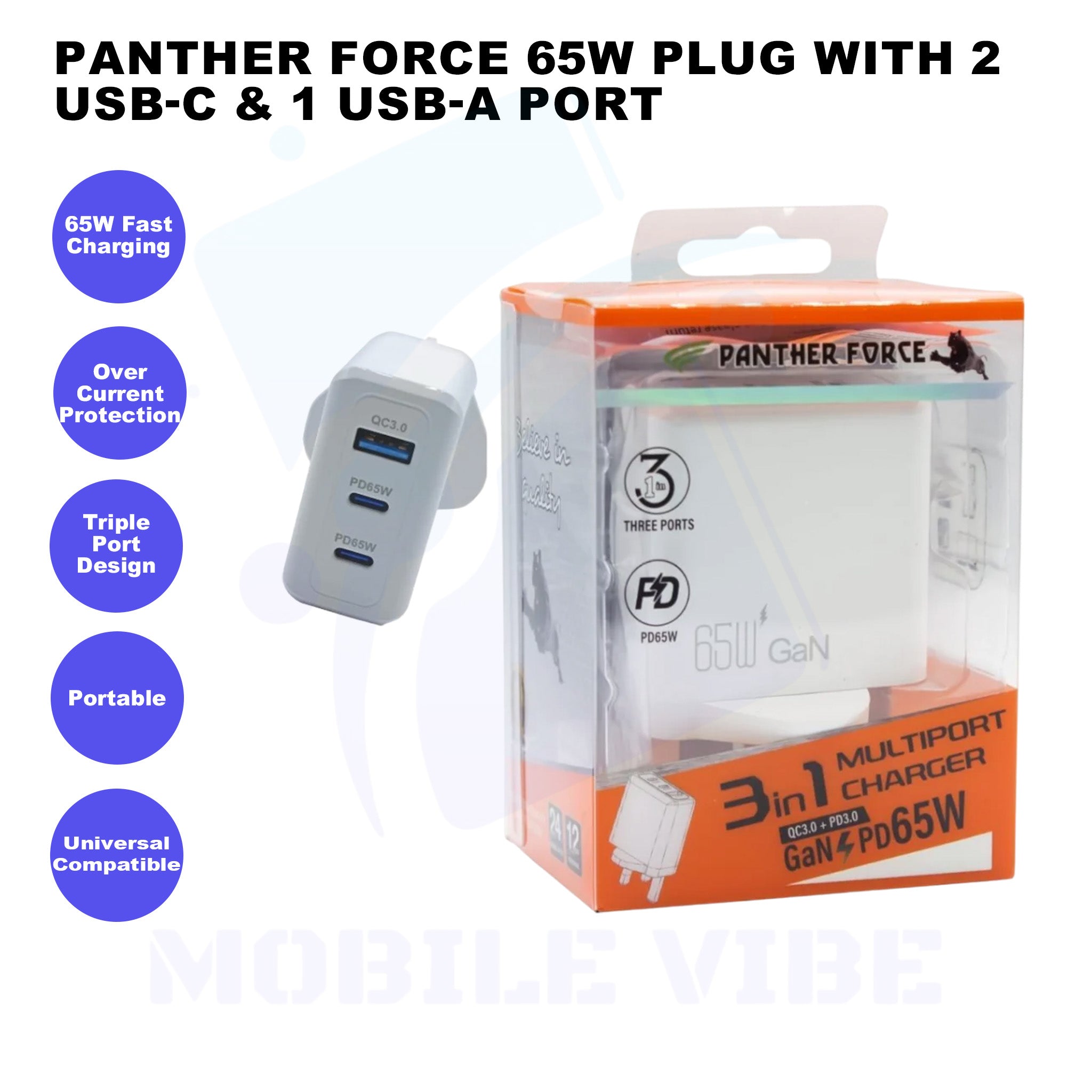 Panther Force 65W Plug with 2 USB-C & 1 USB-A Port Features