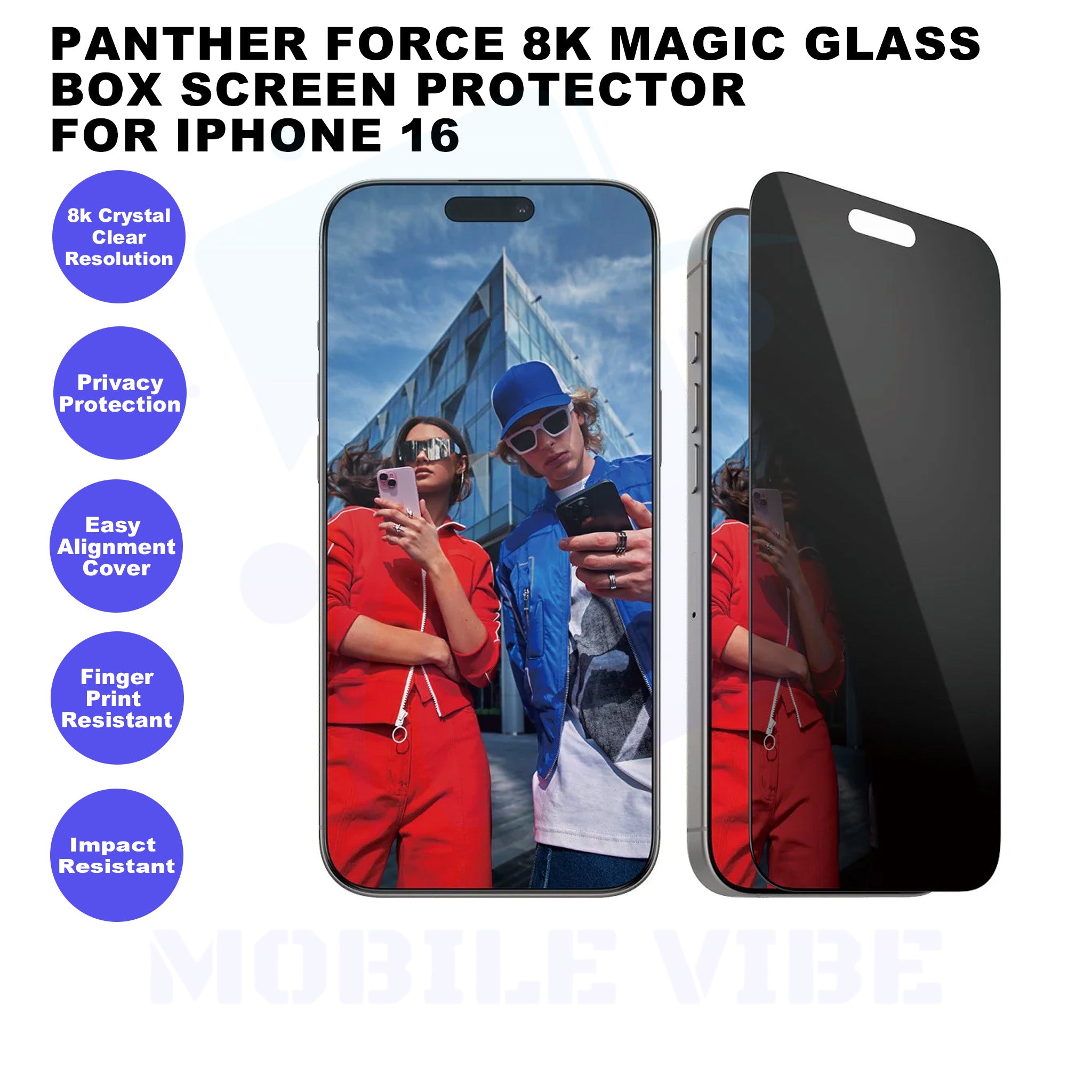 Panther Force 8K Magic Glass Box Screen Protector with Privacy & Alignment Cover for iPhone 16 Features