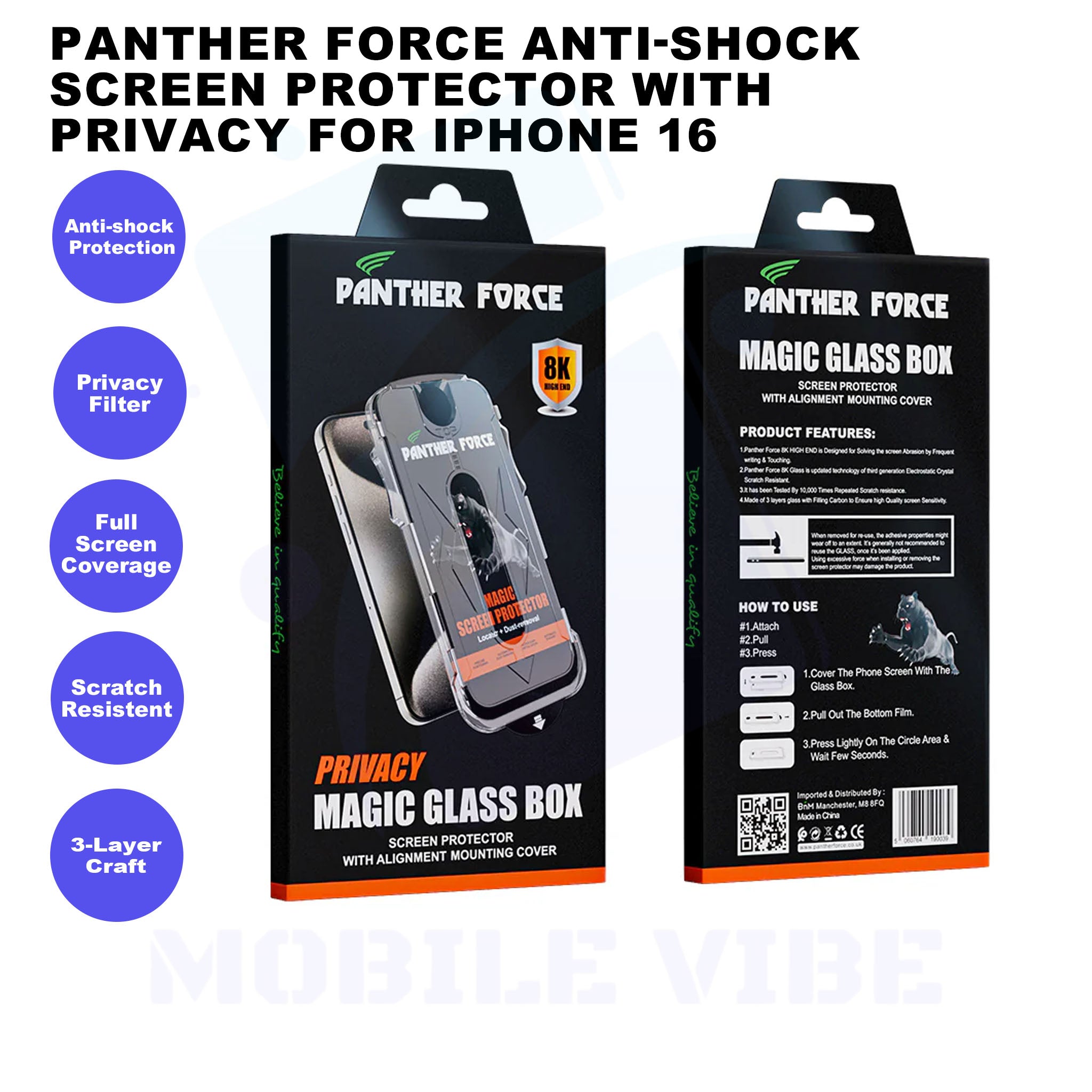 Panther Force Anti-Shock Screen Protector with Privacy for iPhone 16 Features