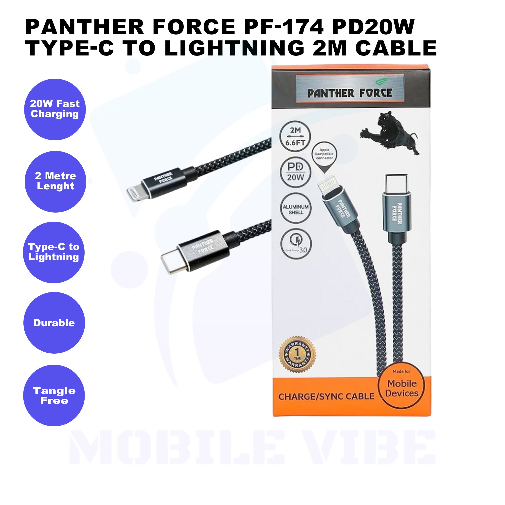 Panther Force PF-174 PD20W Type-C to Lightning 2m Cable Features
