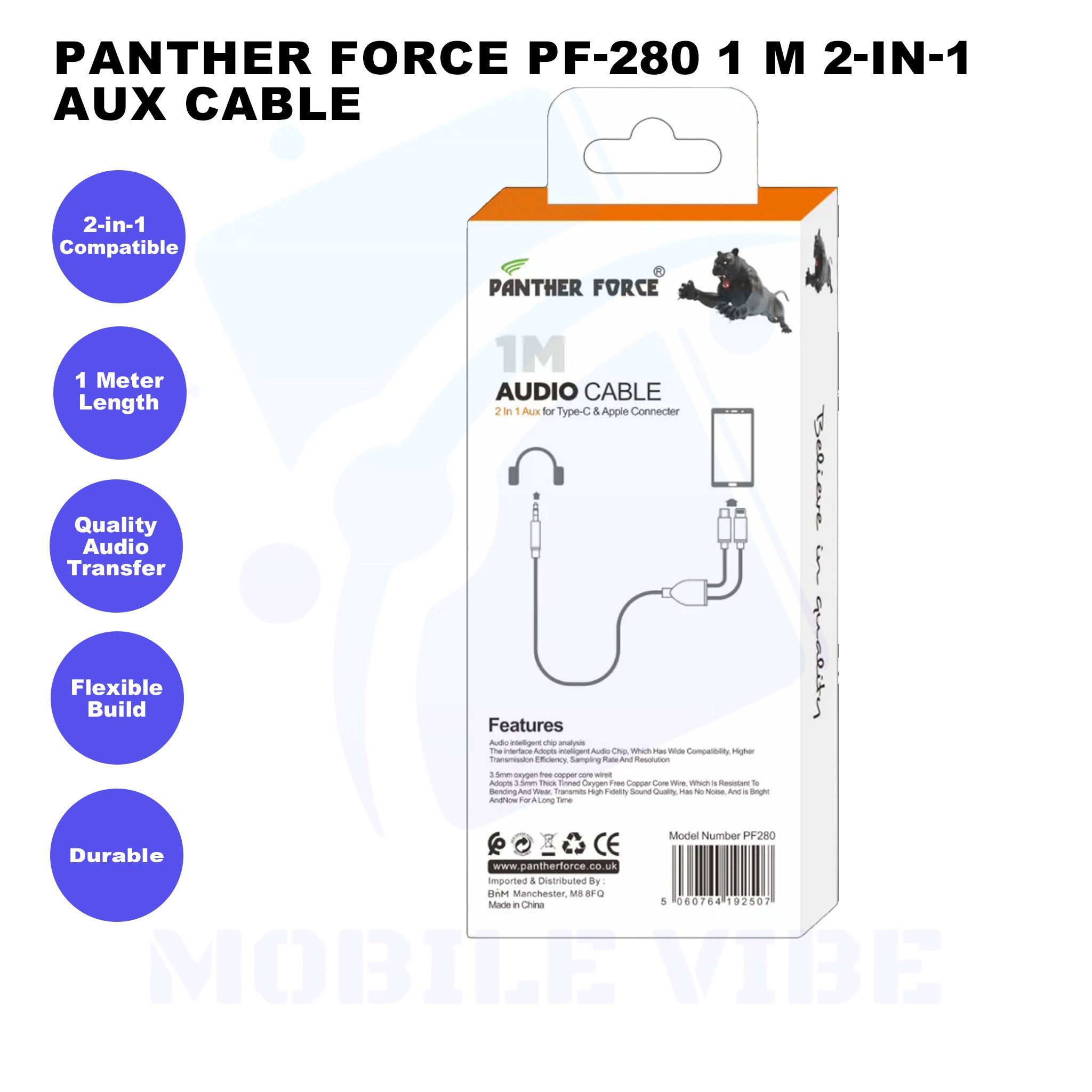 Panther Force PF-280 1 M 2-in-1 AUX Cable Features