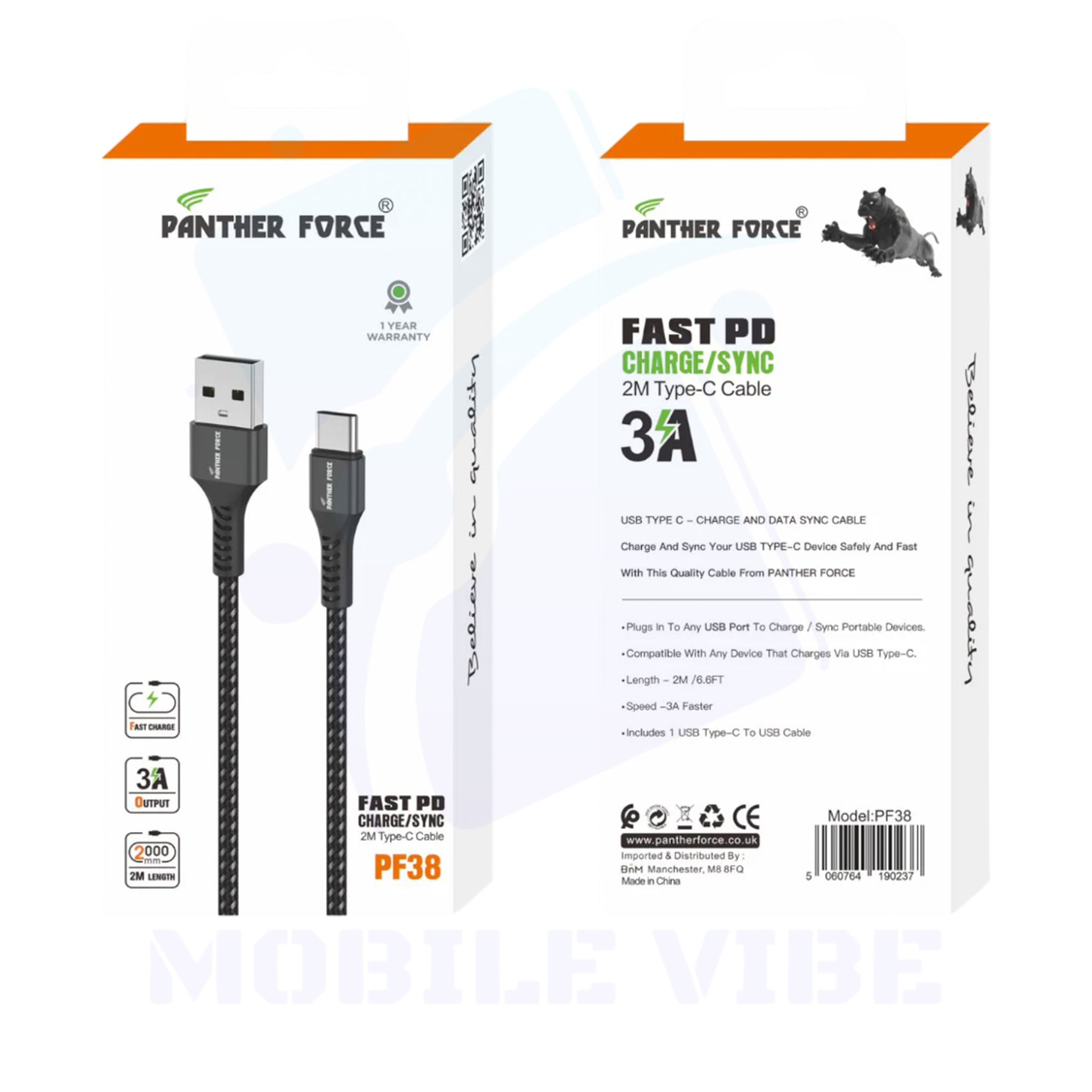 Panther Force PF-38 USB to Type-C 3A 2M Cable packed