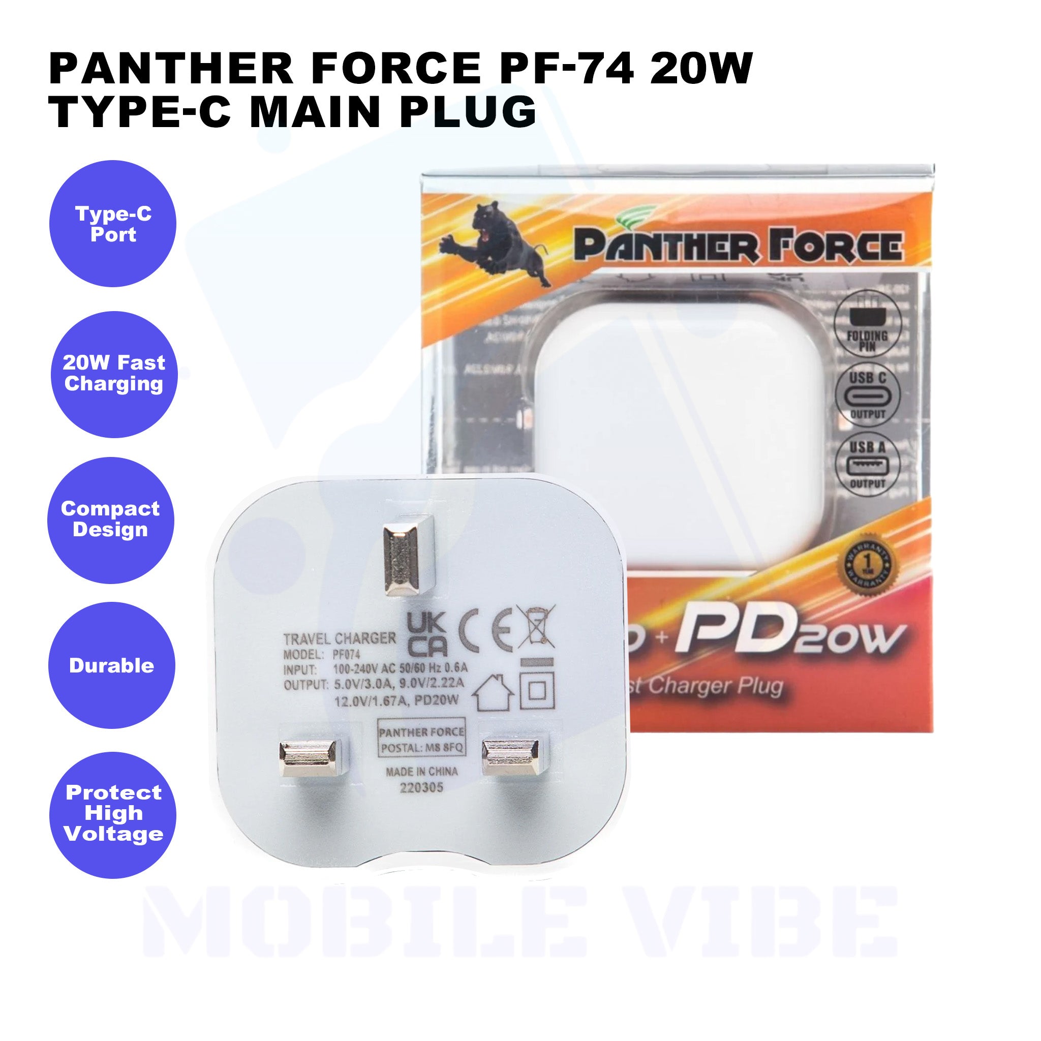 Panther Force PF-74 20W Type-C Main Plug with Straight Pin Features