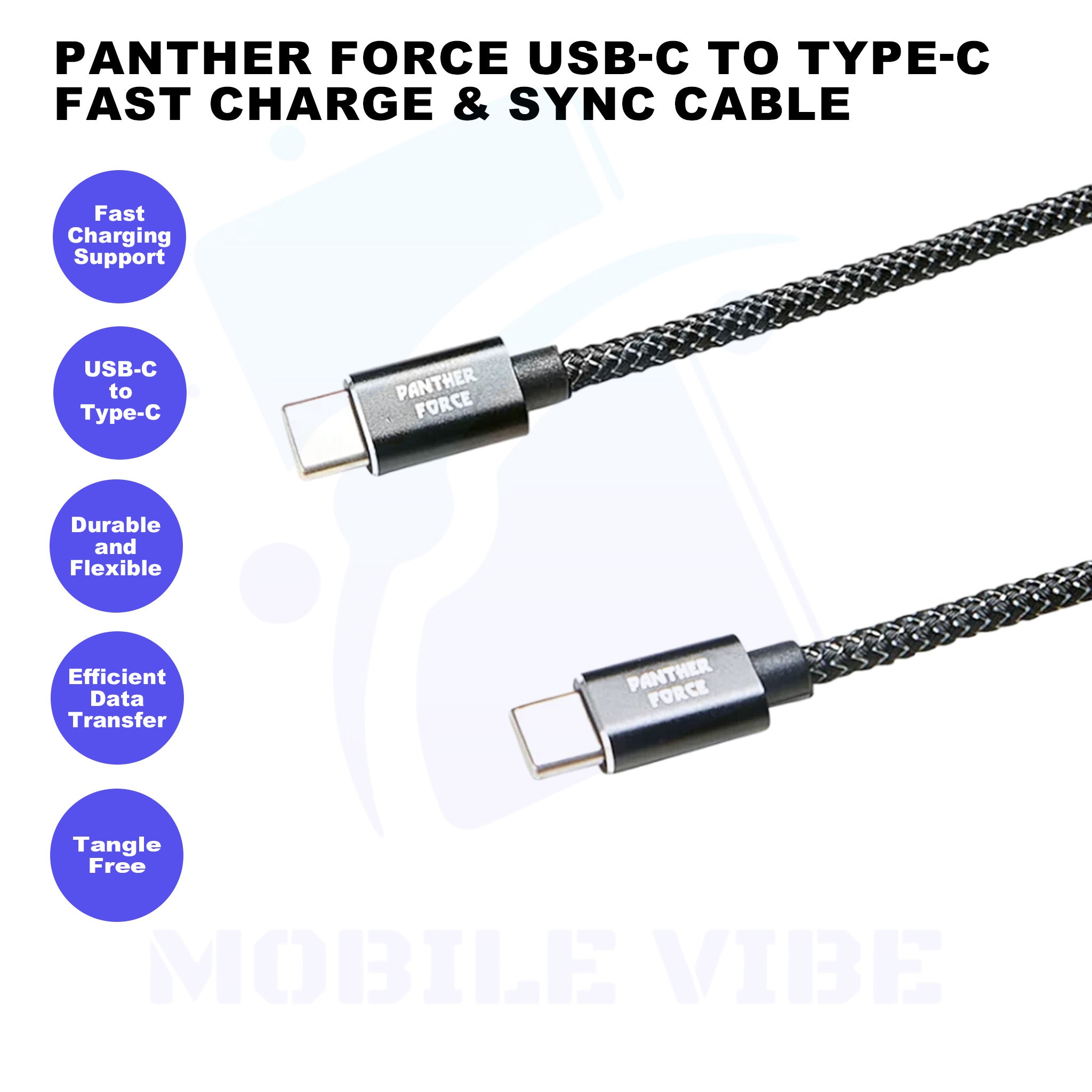 Panther Force USB-C to Type-C Fast Charge & Sync Cable Features