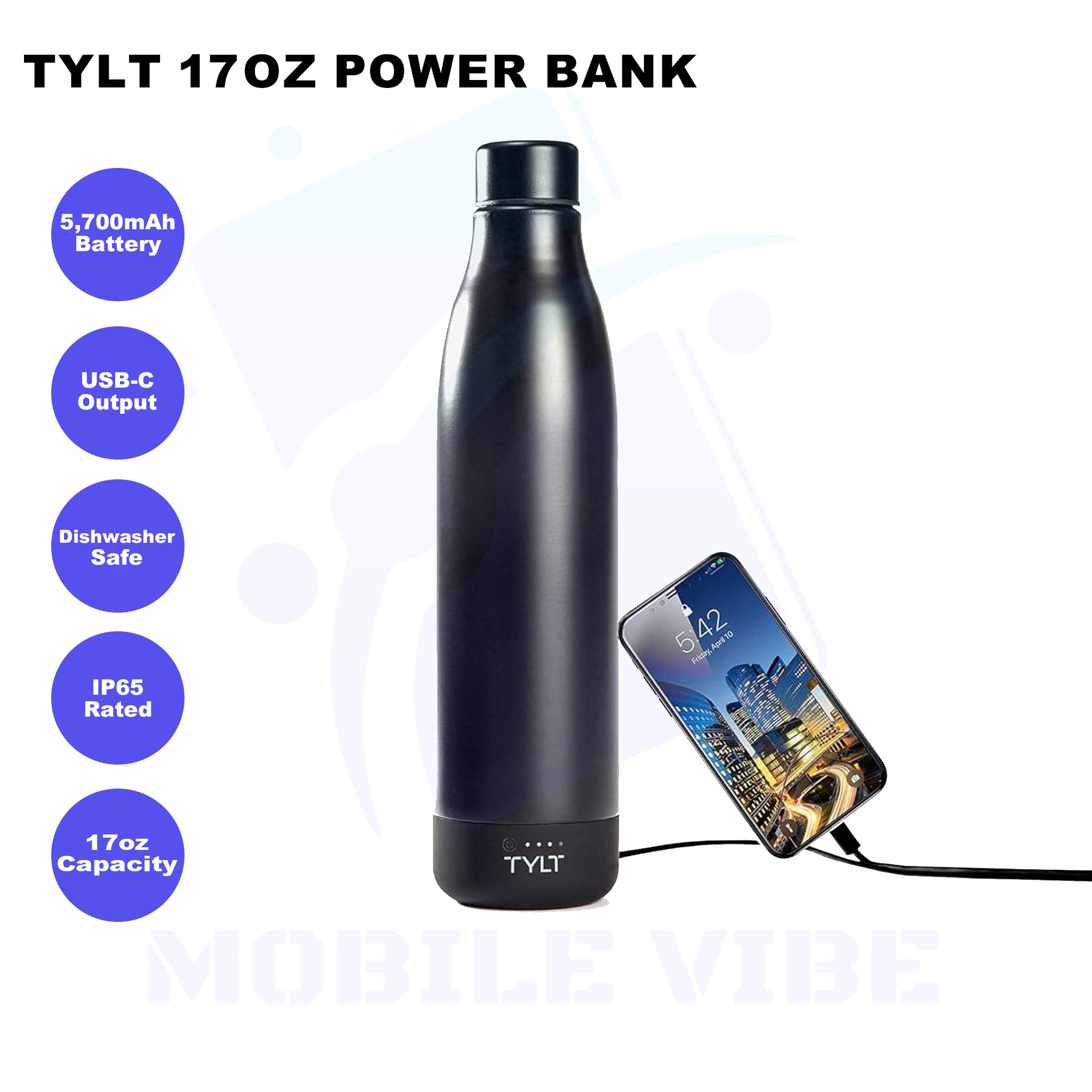 TYLT All‑in‑One 17 oz Vacuum Bottle & 5,700 mAh Portable Power Bank Features
