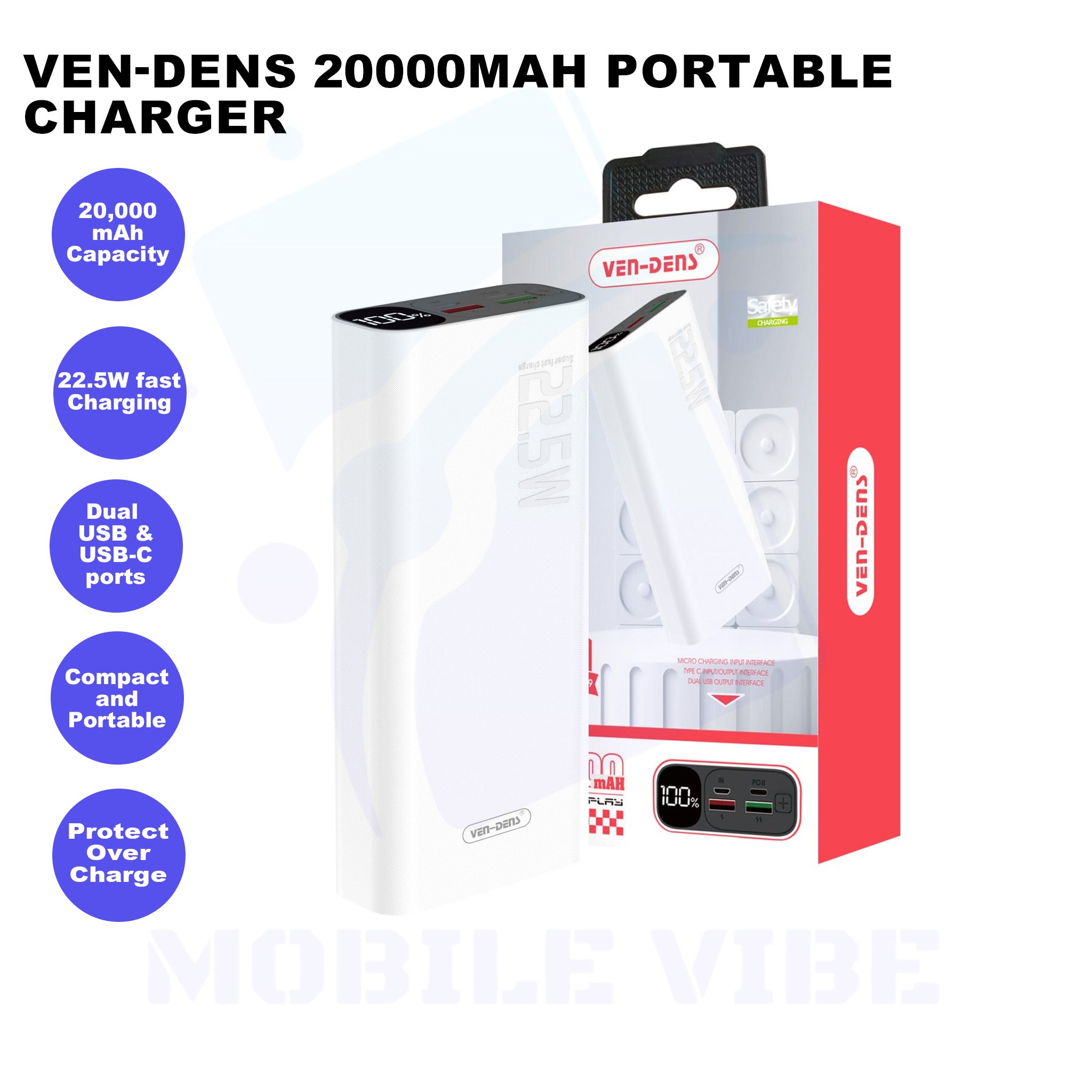 Ven-Dens 20000mAh Portable Charger Features