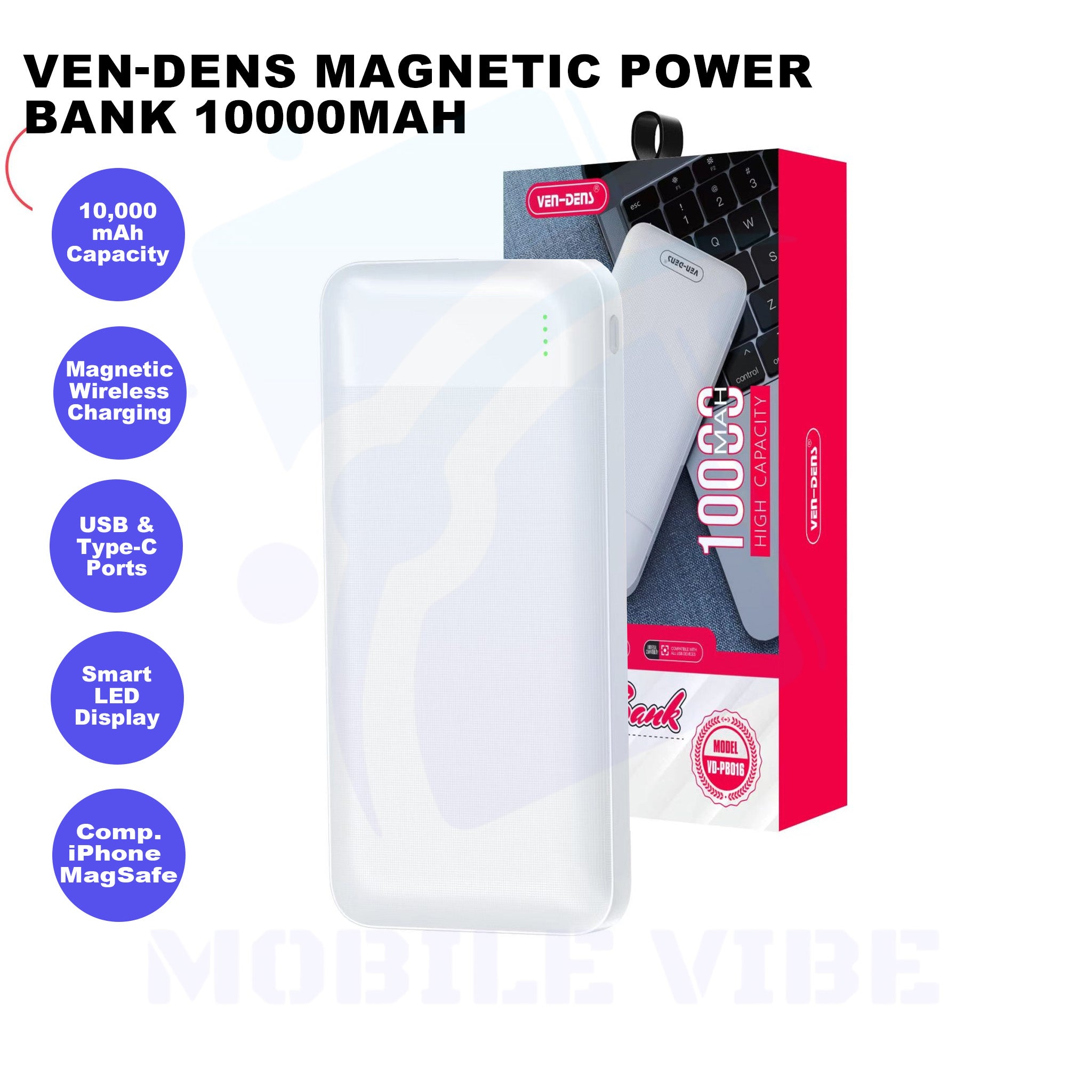 Ven-Dens Magnetic Power Bank, 10000mAh Features