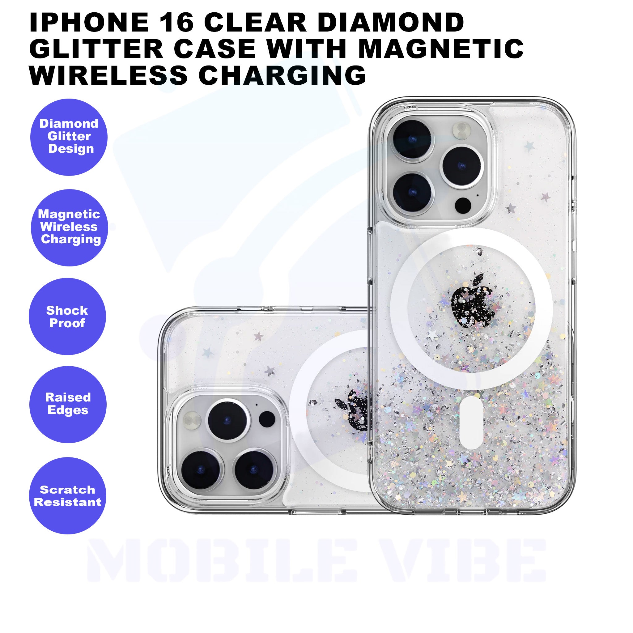 iPhone 16 Clear Diamond Glitter Case with Magnetic Wireless Charging Features
