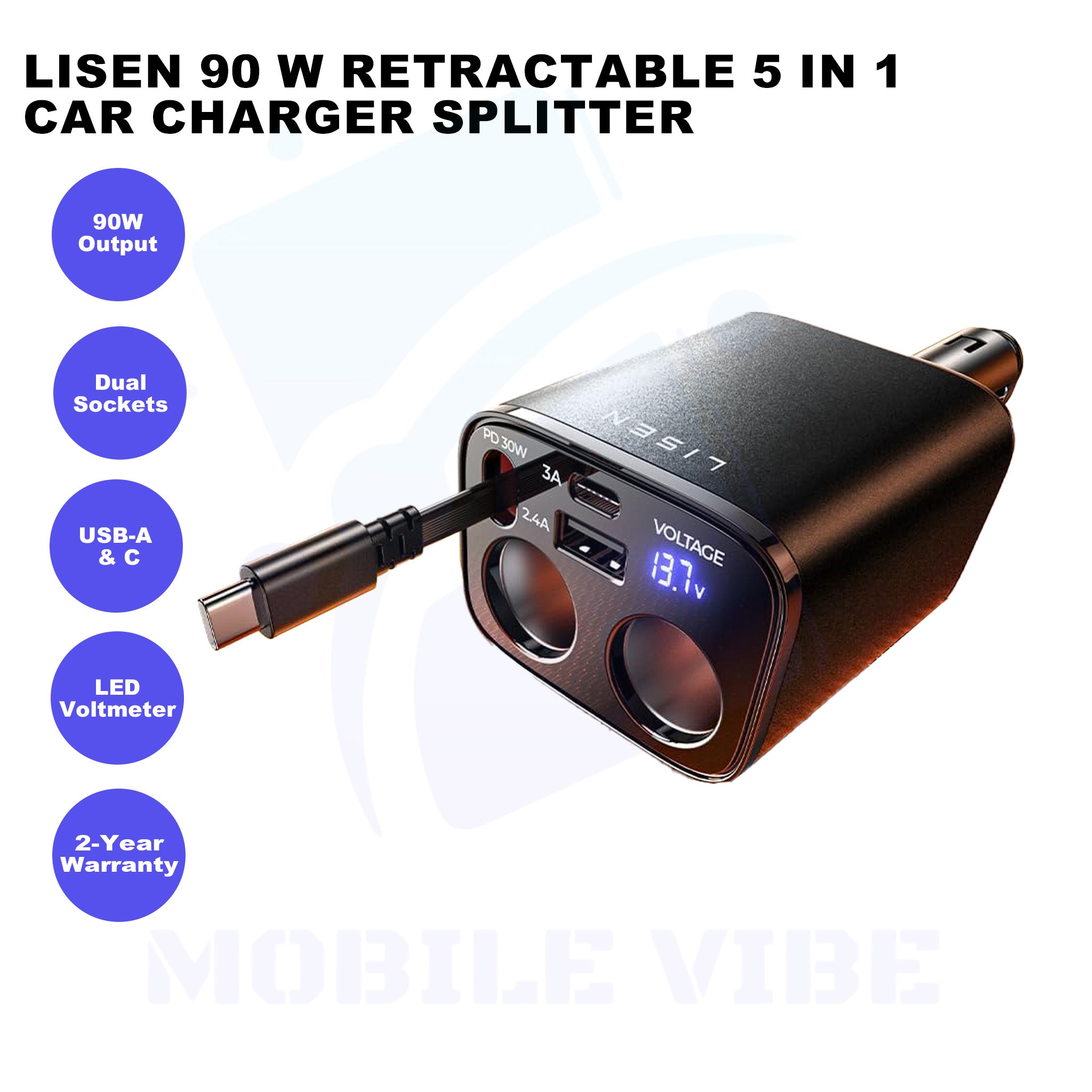 LISEN 90 W Retractable Car Charger Splitter Features