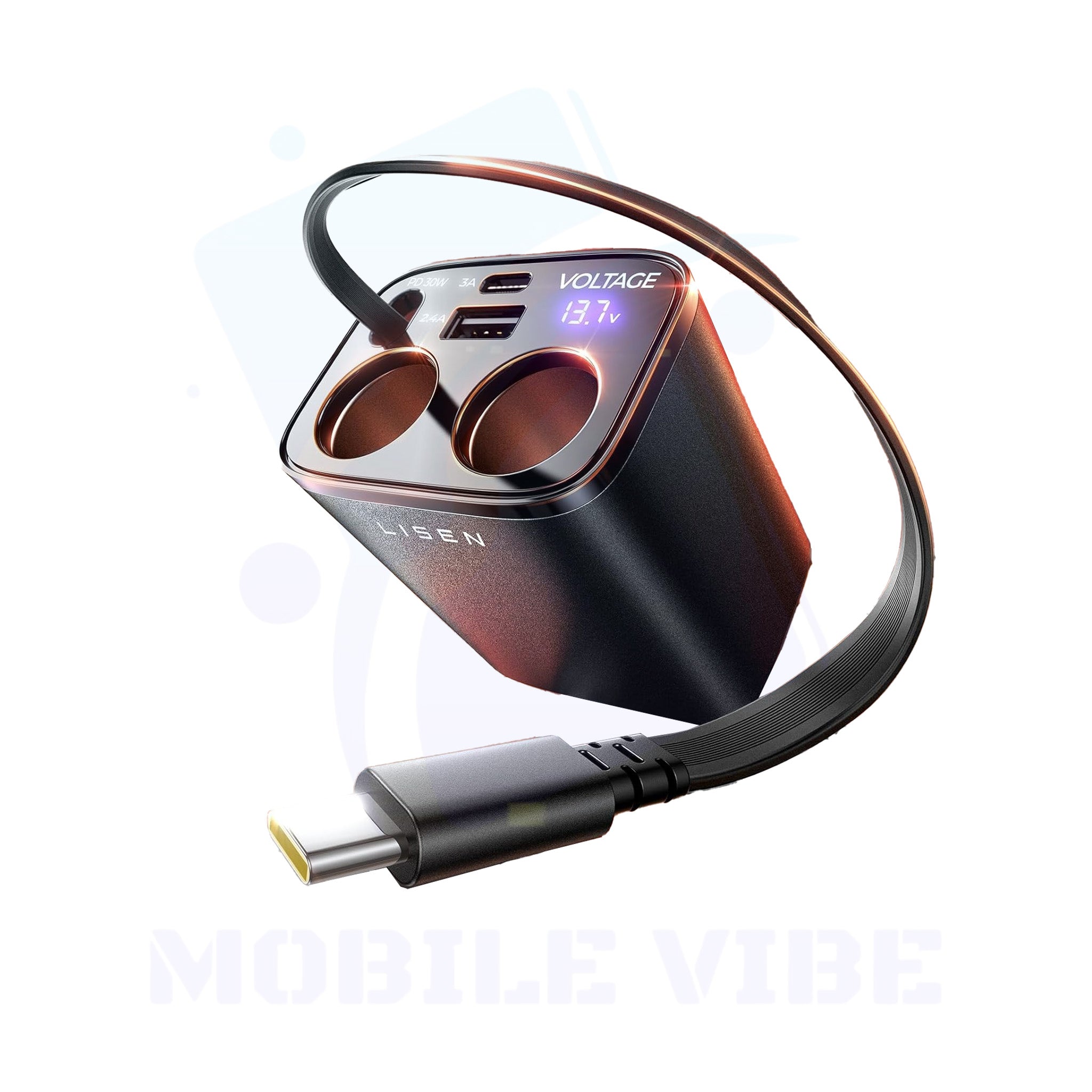 LISEN 90 W Retractable Car Charger Splitter Side Veiw