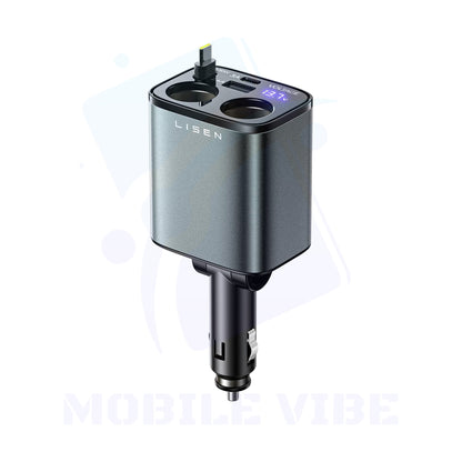 LISEN 90 W Retractable Car Charger Splitter – 5‑in‑1 Multi-Socket Adapter