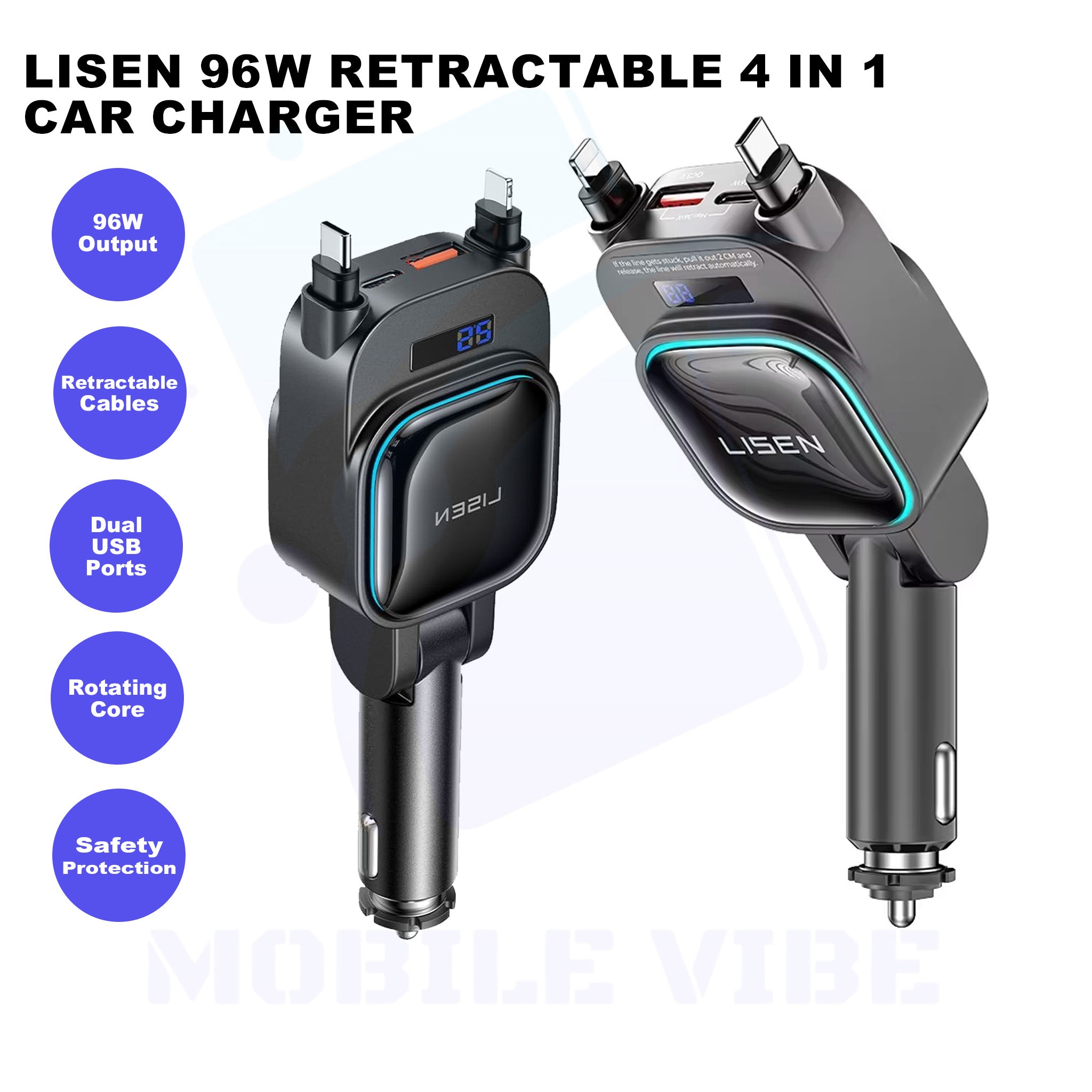 LISEN 96 W Retractable Multi‑Port Car Charger Features