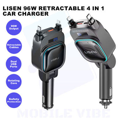 LISEN 96 W Retractable Multi‑Port Car Charger Features