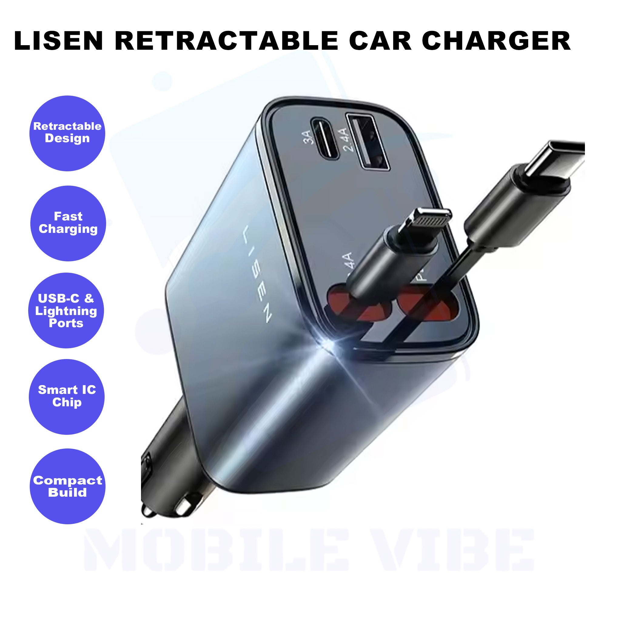 LISEN Retractable Dual-Port Car Charger Features